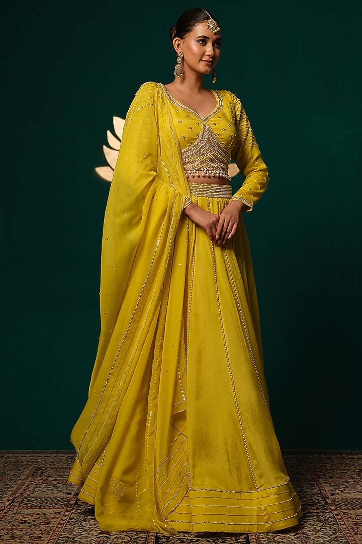 Yellow Chinon Sequins Work Wedding Lehenga Set by Niloufer by Aasif Ally at Pernia's Pop Up Shop
