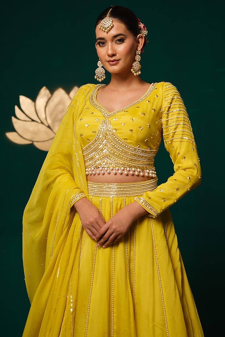 Yellow Chinon Sequins Work Wedding Lehenga Set by Niloufer by Aasif Ally at Pernia's Pop Up Shop