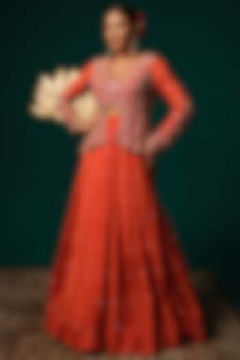 Coral Orange Chinon Wedding Lehenga Set by Niloufer by Aasif Ally at Pernia's Pop Up Shop