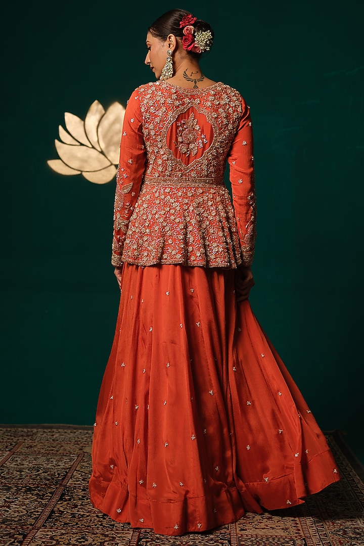 Coral Orange Chinon Wedding Lehenga Set by Niloufer by Aasif Ally at Pernia's Pop Up Shop