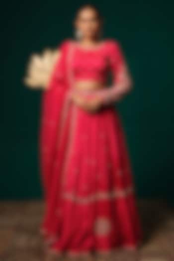 Hot Pink Chinon Floral Embroidered Wedding Lehenga Set by Niloufer by Aasif Ally at Pernia's Pop Up Shop
