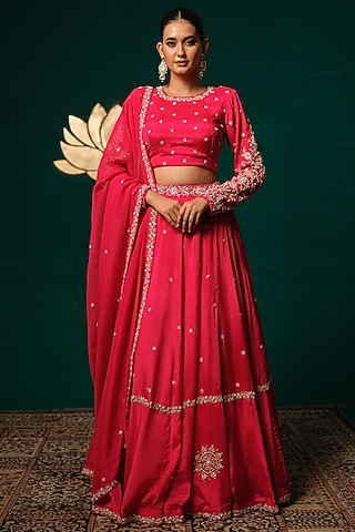 Hot Pink Chinon Floral Embroidered Lehenga Set by Niloufer by Aasif Ally