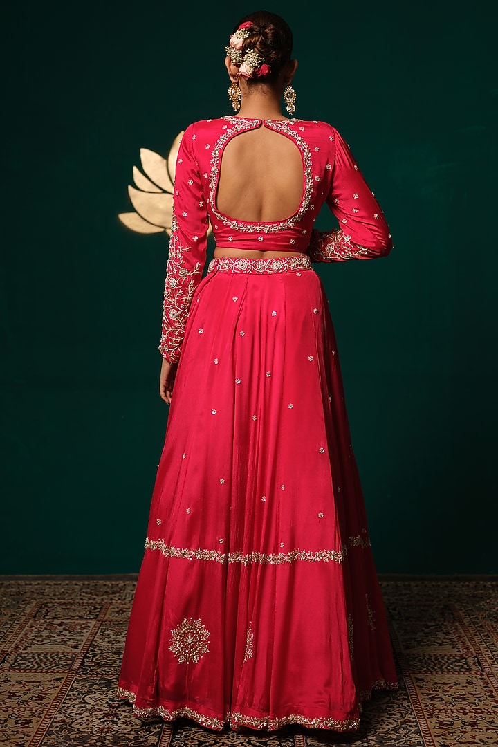 Hot Pink Chinon Floral Embroidered Wedding Lehenga Set by Niloufer by Aasif Ally at Pernia's Pop Up Shop