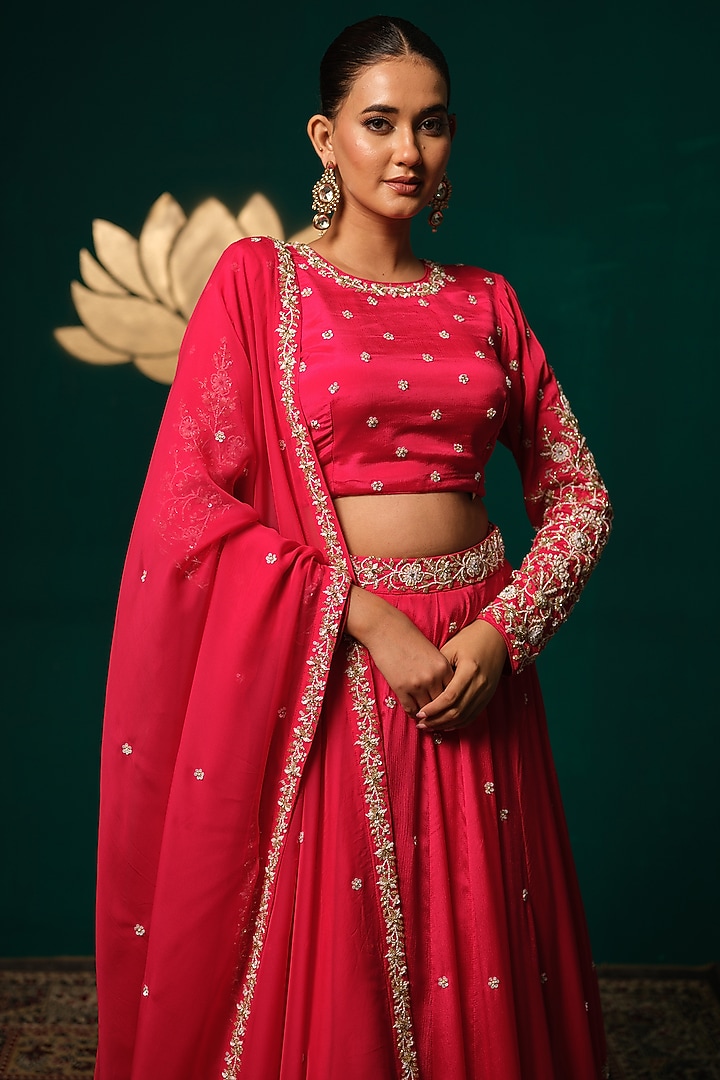 Hot Pink Chinon Floral Embroidered Wedding Lehenga Set by Niloufer by Aasif Ally at Pernia's Pop Up Shop