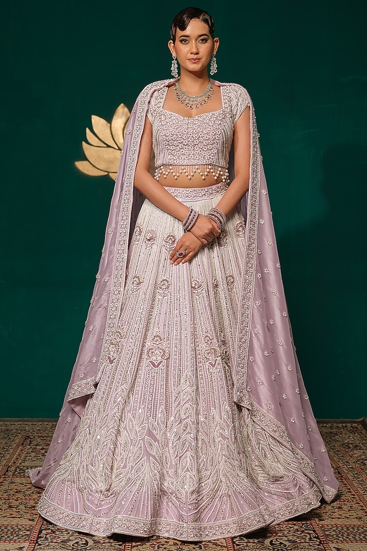 Lilac Shimmer Tissue Thread Work Bridal Lehenga Set by Niloufer by Aasif Ally at Pernia's Pop Up Shop