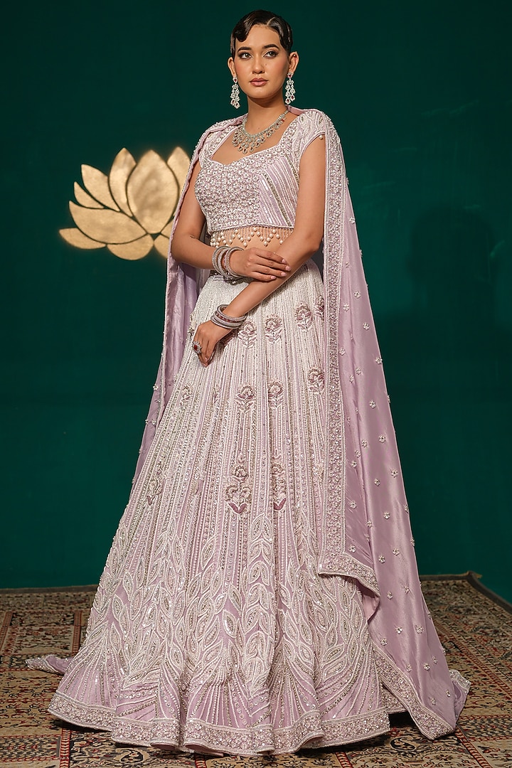 Lilac Shimmer Tissue Thread Work Bridal Lehenga Set by Niloufer by Aasif Ally at Pernia's Pop Up Shop