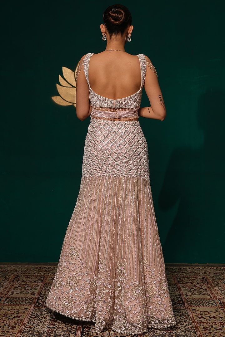 Soft Pink Net Floral Embroidered Bridal Lehenga Set by Niloufer by Aasif Ally at Pernia's Pop Up Shop