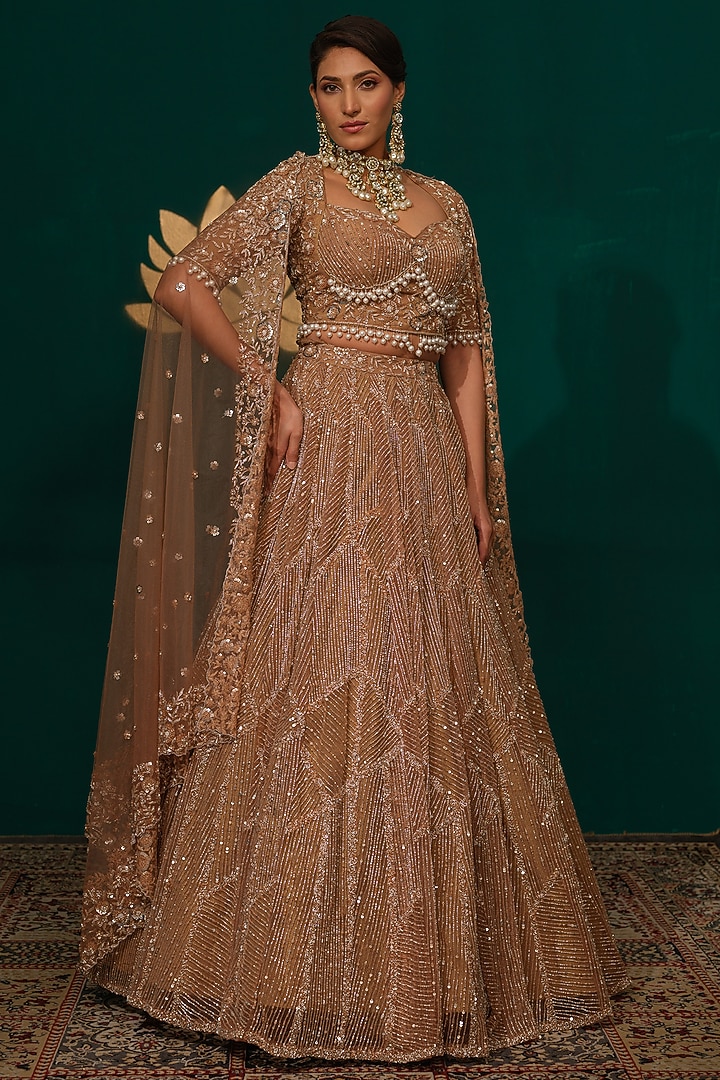 Golden Beige Net Sequins Work Bridal Lehenga Set by Niloufer by Aasif Ally at Pernia's Pop Up Shop