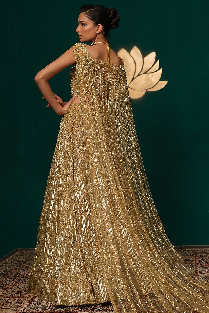 Golden Net Sequins Work Bridal Lehenga Set by Niloufer by Aasif Ally at Pernia's Pop Up Shop