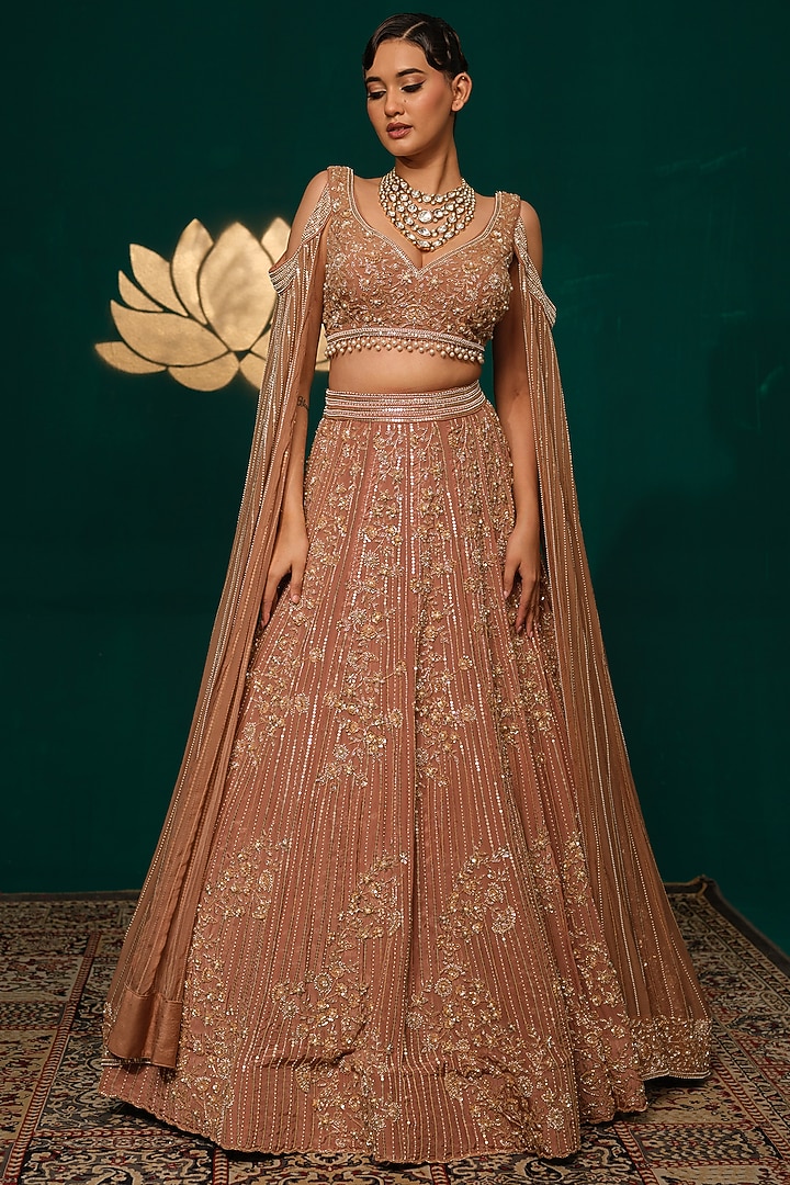 Brown Crepe Floral Embroidered Bridal Lehenga Set by Niloufer by Aasif Ally at Pernia's Pop Up Shop