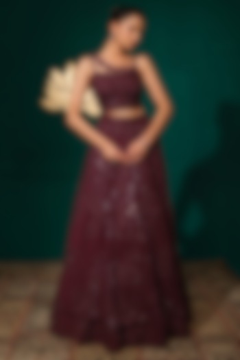 Wine Crepe Sequins Embroidered Bridal Lehenga Set by Niloufer by Aasif Ally at Pernia's Pop Up Shop