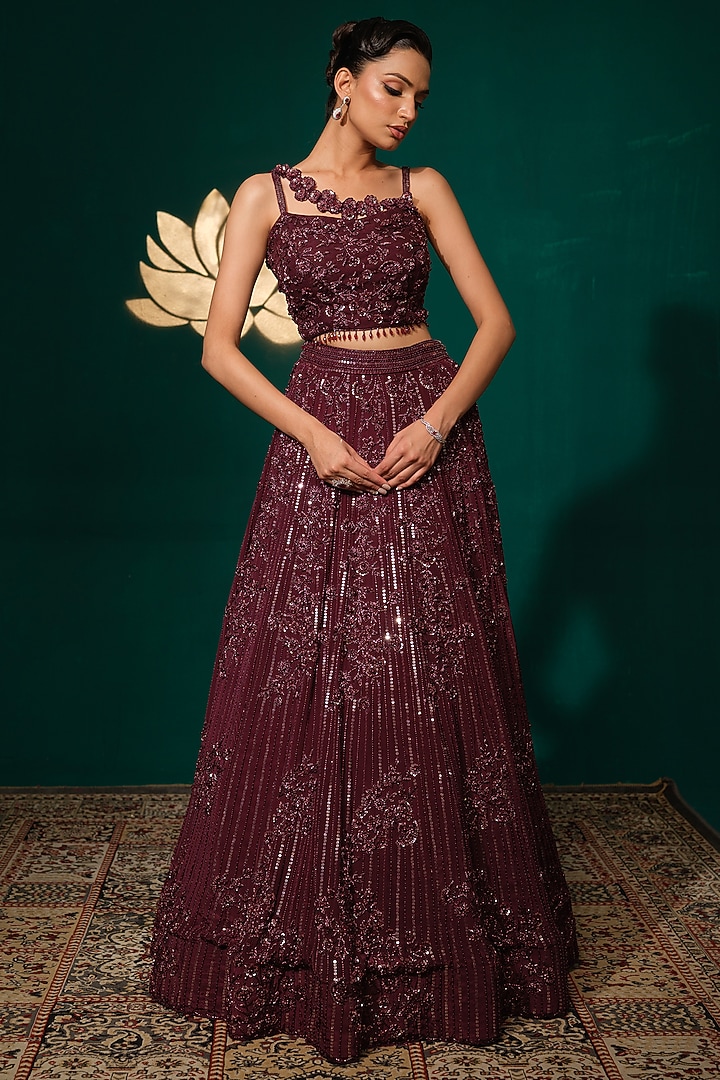 Wine Crepe Sequins Embroidered Bridal Lehenga Set by Niloufer by Aasif Ally at Pernia's Pop Up Shop
