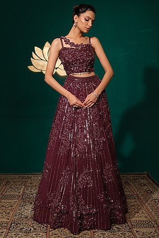 Wine Crepe Sequins Embroidered Lehenga Set by Niloufer by Aasif Ally