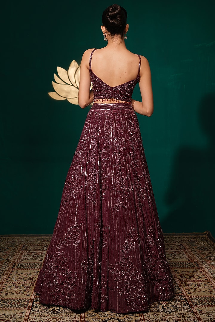 Wine Crepe Sequins Embroidered Bridal Lehenga Set by Niloufer by Aasif Ally at Pernia's Pop Up Shop