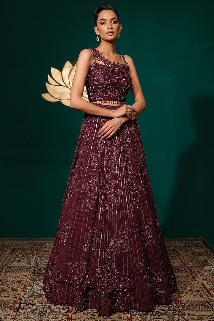 Wine Crepe Sequins Embroidered Bridal Lehenga Set by Niloufer by Aasif Ally at Pernia's Pop Up Shop