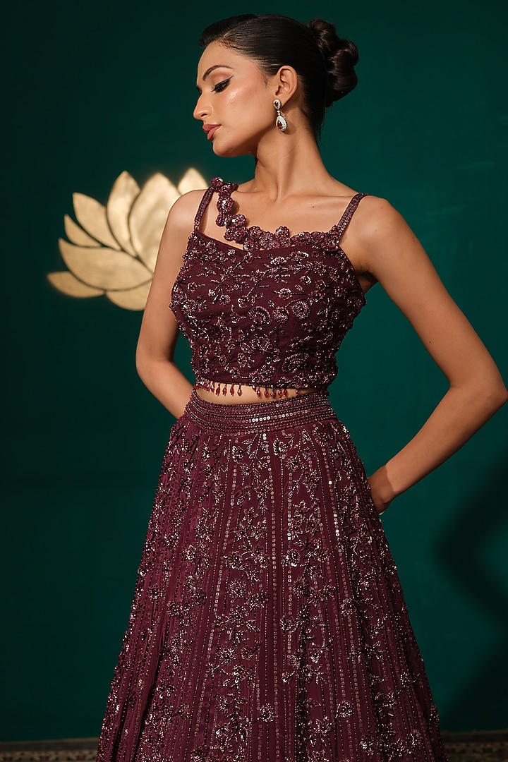 Wine Crepe Sequins Embroidered Bridal Lehenga Set by Niloufer by Aasif Ally at Pernia's Pop Up Shop
