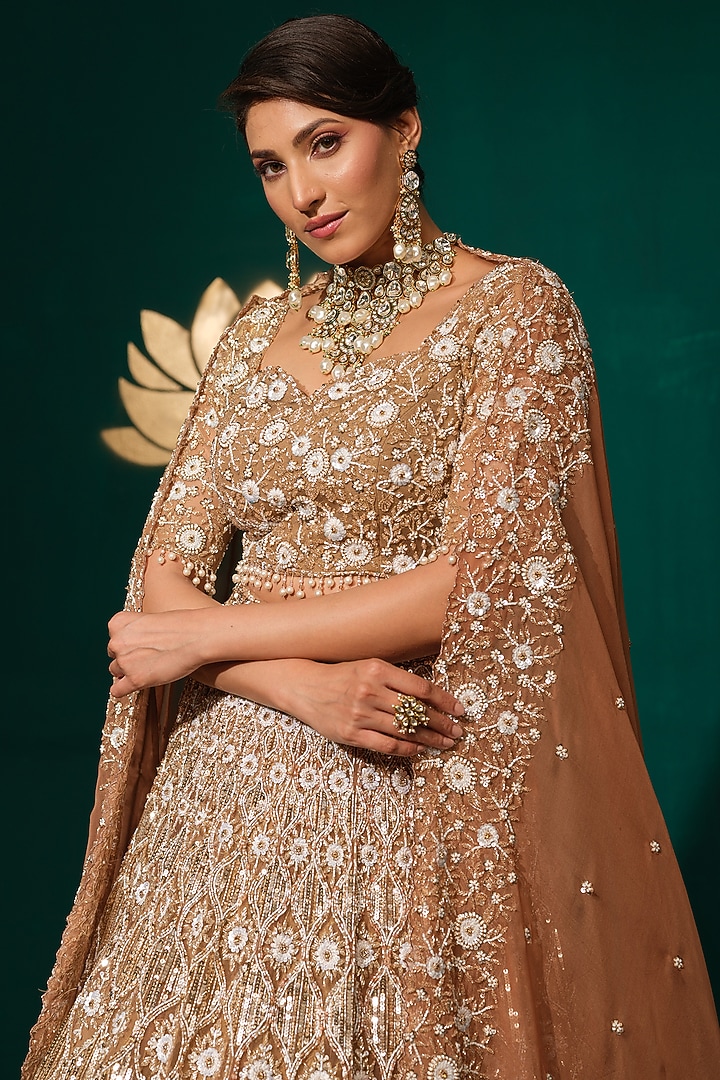 Golden Beige Net Motif Embroidered Bridal Lehenga Set by Niloufer by Aasif Ally at Pernia's Pop Up Shop