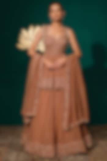 Rust Brown Chinon Sequins Embroidered Wedding Lehenga Set by Niloufer by Aasif Ally at Pernia's Pop Up Shop