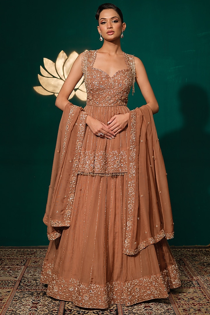 Rust Brown Chinon Sequins Embroidered Wedding Lehenga Set by Niloufer by Aasif Ally at Pernia's Pop Up Shop