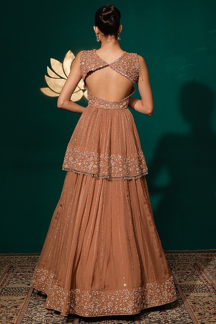 Rust Brown Chinon Sequins Embroidered Wedding Lehenga Set by Niloufer by Aasif Ally at Pernia's Pop Up Shop