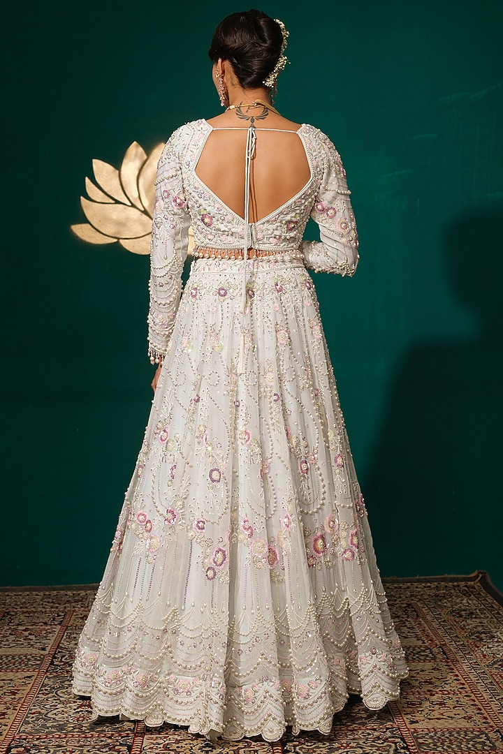 White Pure Tissue Hand Embroidered Bridal Lehenga Set by Niloufer by Aasif Ally at Pernia's Pop Up Shop
