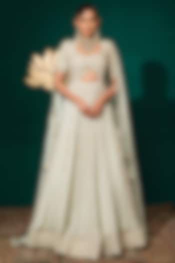 Pastel Mint Floral Motif Embroidered Bridal Anarkali Set by Niloufer by Aasif Ally at Pernia's Pop Up Shop