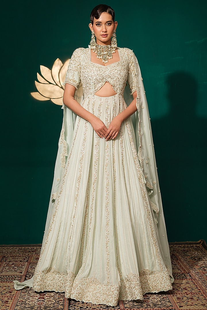 Pastel Mint Floral Motif Embroidered Bridal Anarkali Set by Niloufer by Aasif Ally at Pernia's Pop Up Shop