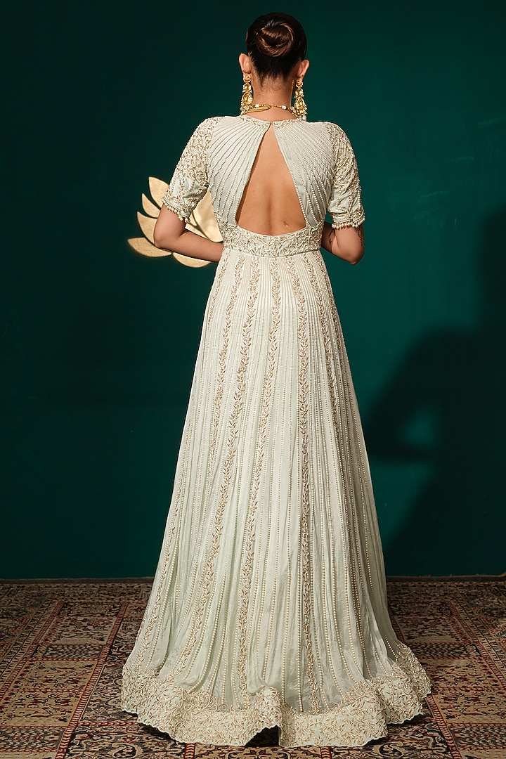 Pastel Mint Floral Motif Embroidered Bridal Anarkali Set by Niloufer by Aasif Ally at Pernia's Pop Up Shop
