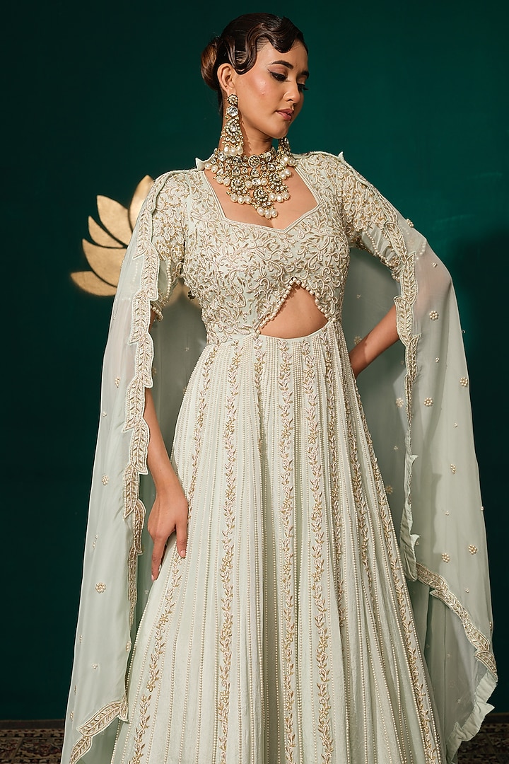 Pastel Mint Floral Motif Embroidered Bridal Anarkali Set by Niloufer by Aasif Ally at Pernia's Pop Up Shop