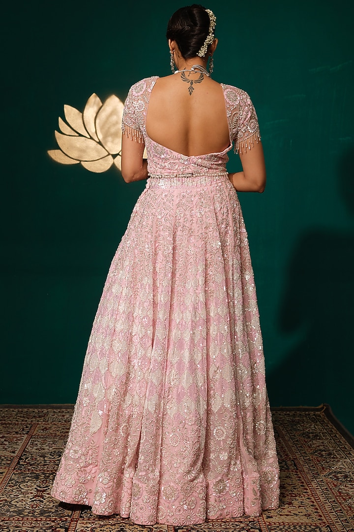 Baby Pink Pure Tissue Crystal Embellished Bridal Lehenga Set by Niloufer by Aasif Ally at Pernia's Pop Up Shop