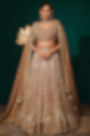 Brown Shimmer Tissue Thread Work Bridal Lehenga Set by Niloufer by Aasif Ally at Pernia's Pop Up Shop