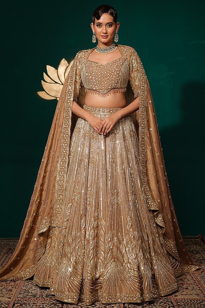 Brown Shimmer Tissue Thread Work Bridal Lehenga Set by Niloufer by Aasif Ally at Pernia's Pop Up Shop