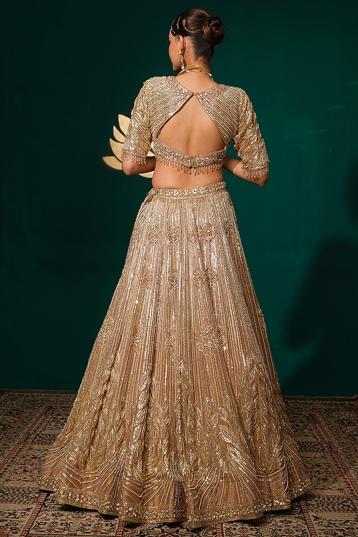 Brown Shimmer Tissue Thread Work Bridal Lehenga Set by Niloufer by Aasif Ally at Pernia's Pop Up Shop
