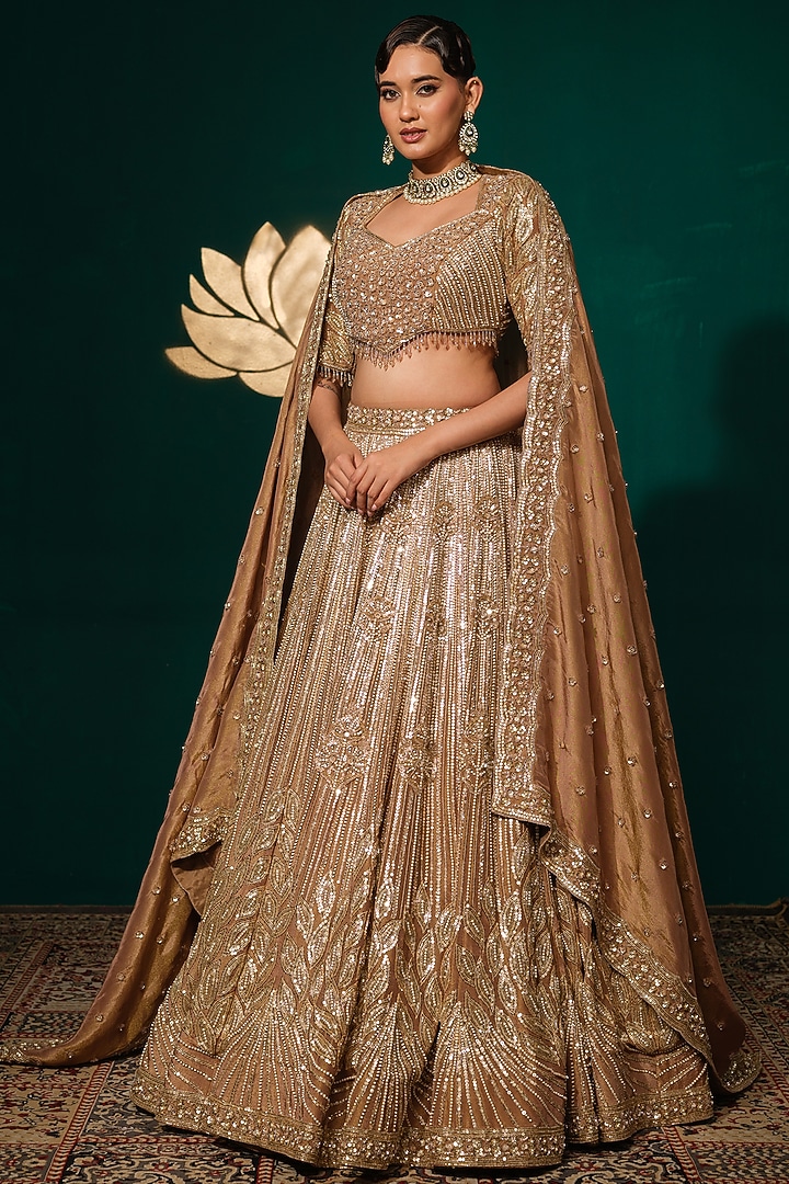Brown Shimmer Tissue Thread Work Bridal Lehenga Set by Niloufer by Aasif Ally at Pernia's Pop Up Shop