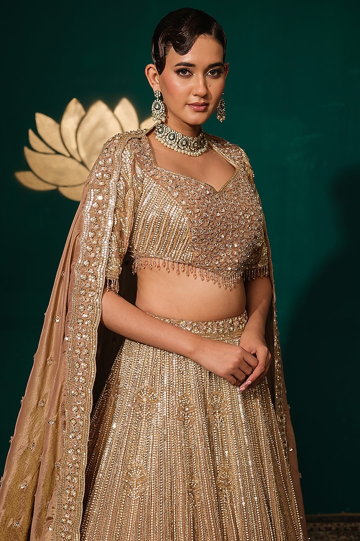 Brown Shimmer Tissue Thread Work Bridal Lehenga Set by Niloufer by Aasif Ally at Pernia's Pop Up Shop