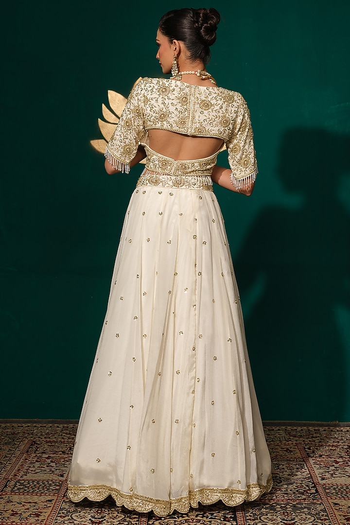 Ivory Chinon Thread Embroidered Wedding Lehenga Set by Niloufer by Aasif Ally at Pernia's Pop Up Shop