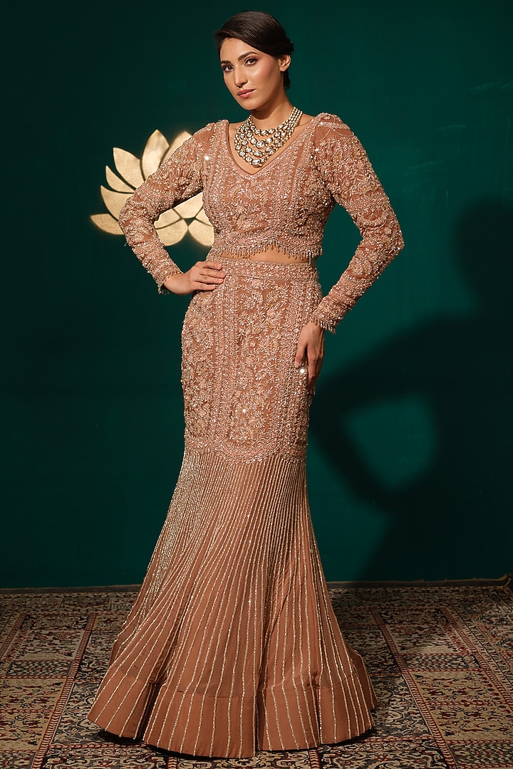 Copper-Toned Chinon Sequins Embroidered Wedding Lehenga Set by Niloufer by Aasif Ally at Pernia's Pop Up Shop