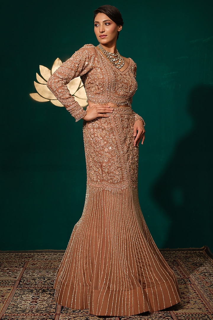 Copper-Toned Chinon Sequins Embroidered Bridal Lehenga Set by Niloufer by Aasif Ally at Pernia's Pop Up Shop