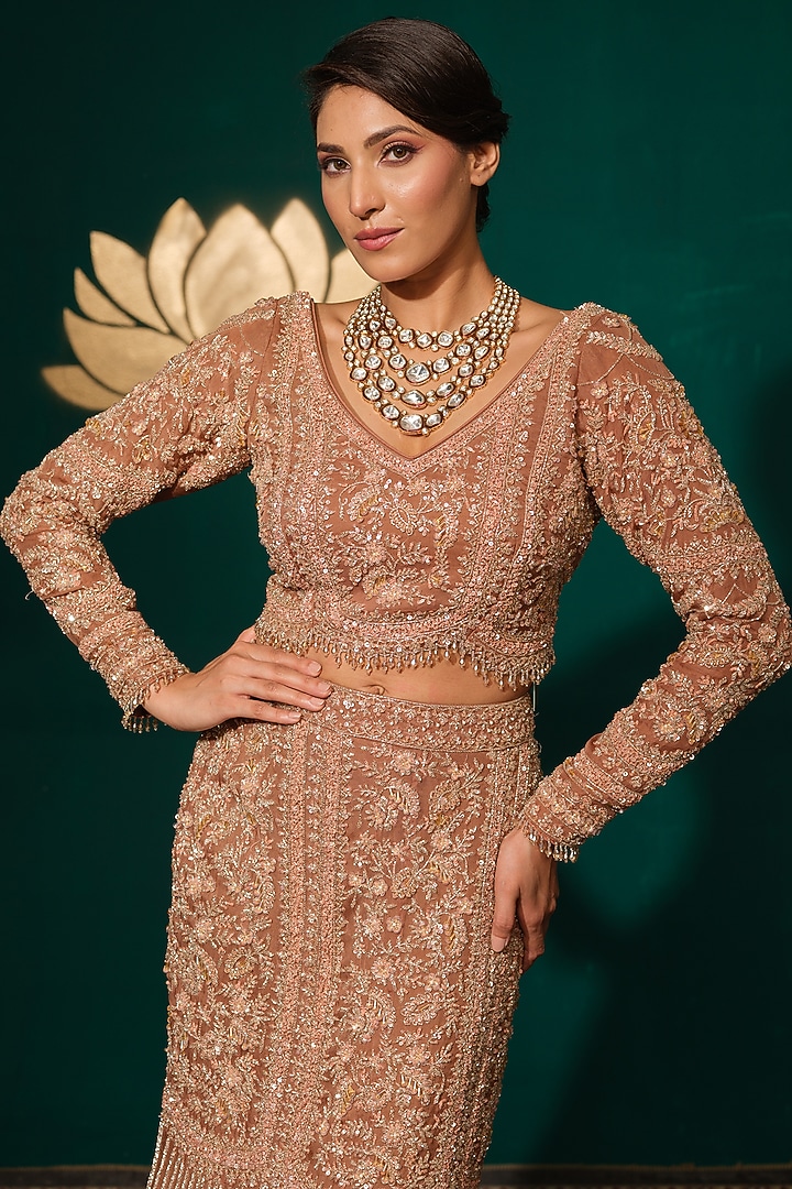 Copper-Toned Chinon Sequins Embroidered Bridal Lehenga Set by Niloufer by Aasif Ally at Pernia's Pop Up Shop