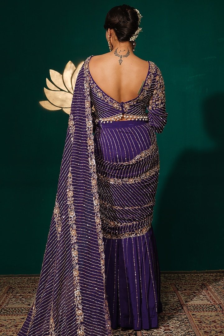 Deep Violet Chinon Embroidered Reception Gown Saree Set by Niloufer by Aasif Ally at Pernia's Pop Up Shop