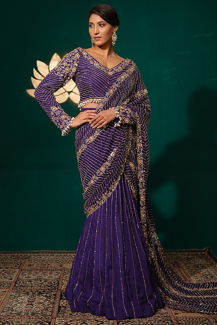Deep Violet Chinon Embroidered Reception Gown Saree Set by Niloufer by Aasif Ally at Pernia's Pop Up Shop