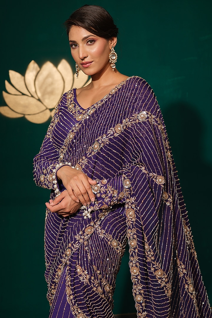 Deep Violet Chinon Embroidered Reception Gown Saree Set by Niloufer by Aasif Ally at Pernia's Pop Up Shop