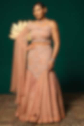 Peach Chinnon Sequin Embellished Wedding Lehenga Set by Niloufer by Aasif Ally at Pernia's Pop Up Shop
