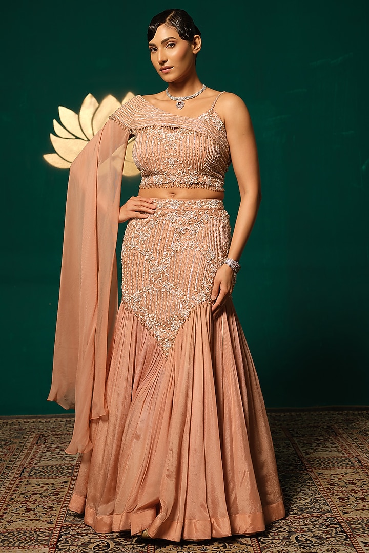 Peach Chinnon Sequin Embellished Wedding Lehenga Set by Niloufer by Aasif Ally at Pernia's Pop Up Shop