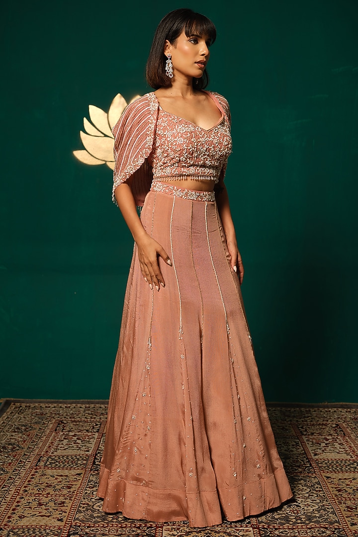 Peach Chinnon Wedding Lehenga Set by Niloufer by Aasif Ally at Pernia's Pop Up Shop