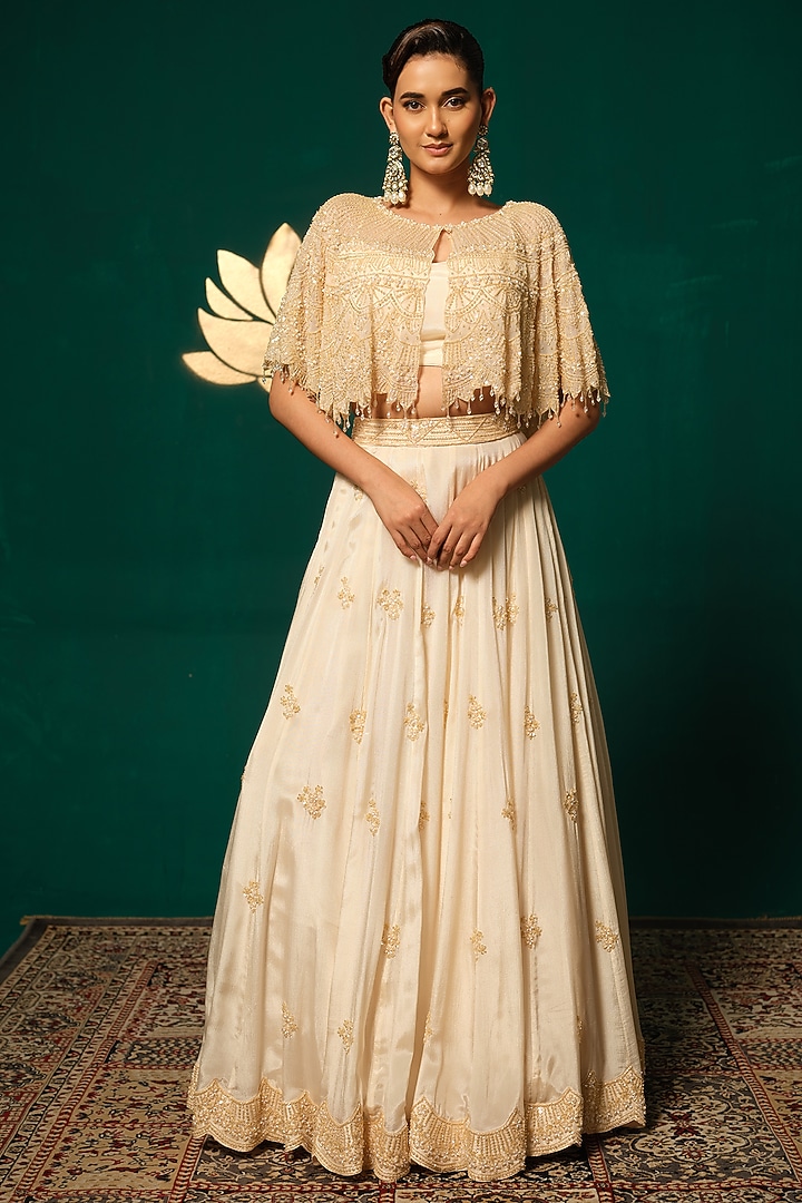 Gold Chinnon Cutdana Embroidered Wedding Lehenga Set by Niloufer by Aasif Ally at Pernia's Pop Up Shop