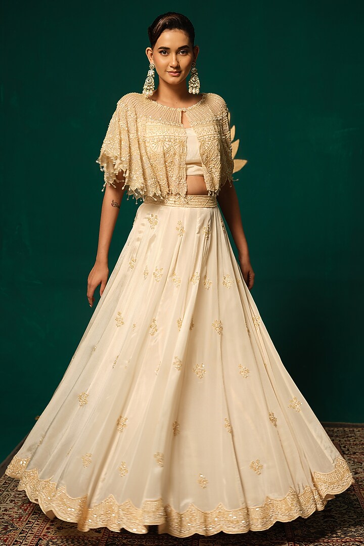 Gold Chinnon Cutdana Embroidered Wedding Lehenga Set by Niloufer by Aasif Ally at Pernia's Pop Up Shop