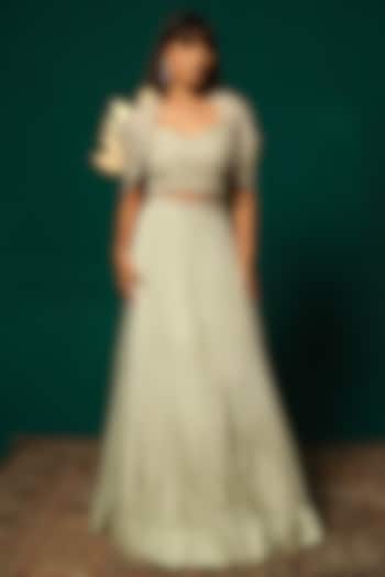 Sage Green Chinnon Cutdana Embroidered Wedding Lehenga Set by Niloufer by Aasif Ally at Pernia's Pop Up Shop