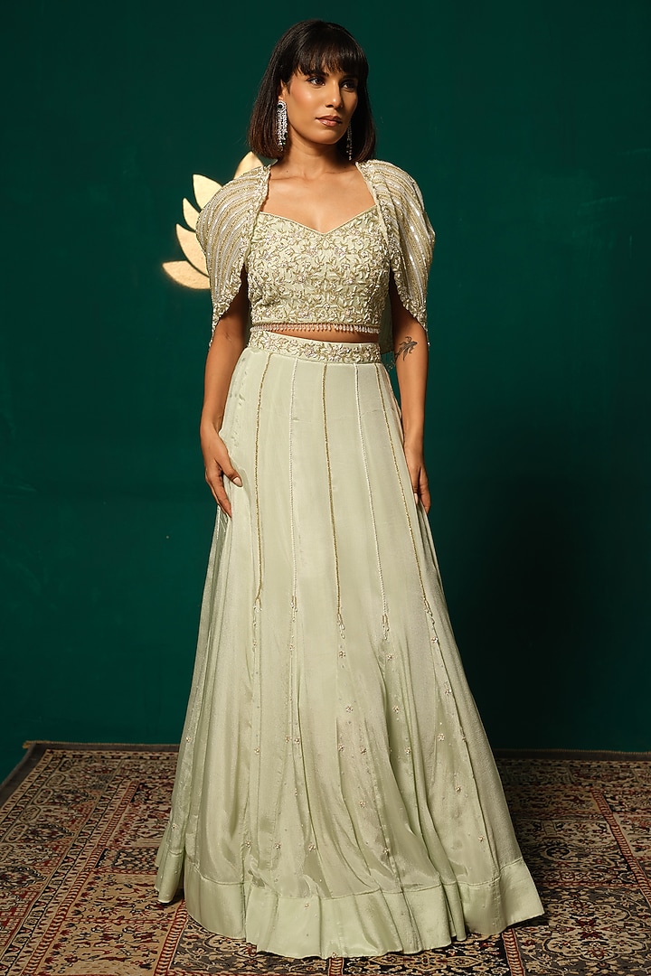 Sage Green Chinnon Cutdana Embroidered Wedding Lehenga Set by Niloufer by Aasif Ally at Pernia's Pop Up Shop