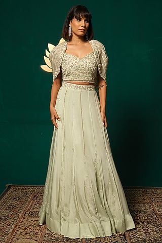 Sage Green Chinnon Cutdana Embroidered Lehenga Set by Niloufer by Aasif Ally